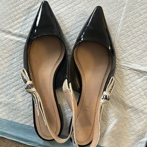 Christian dior J'Adior bla k white ribbon patent leather slingback flat 36